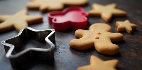 Christmas Cookie Cutters and Dough on a Floured Wooden Surface, Ready for Baking. A close up shot of various festive Christmas cookie cutters (e.g., star, snowflake, gingerbread person outline)