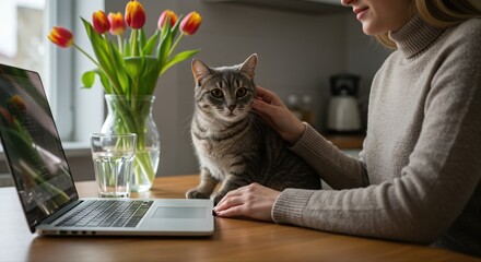 young woman working from home with cat on wooden table near vase of colorful tulips