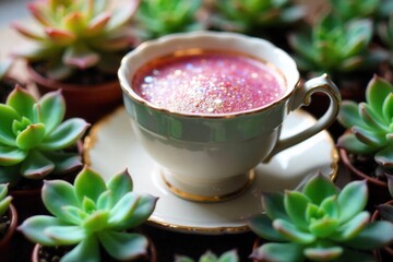 An overflowing teacup filled with tiny, pastel colored succulents and sparkling glitter. A vintage, pastel mint green teacup overflowing with a variety of tiny, soft pastel colored succulents. Fine,