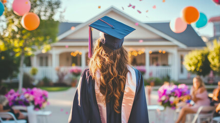 Back view of young woman in graduation cap and gown, standing outdoors at festive home celebration with colorful balloons and falling confetti, symbolizing achievement and new beginnings