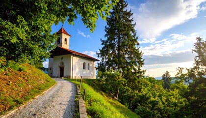 Picturesque church nestled in a verdant hillside