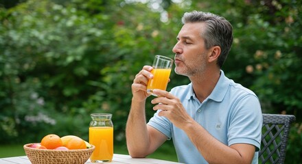 middle-aged man enjoying fresh orange juice in a garden setting on a sunny day