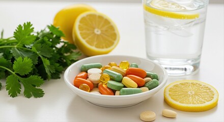 fresh dietary supplements and herbs next to lemon water on a white background