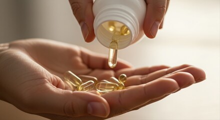 close-up of hand pouring vitamin capsules from bottle in warm lighting