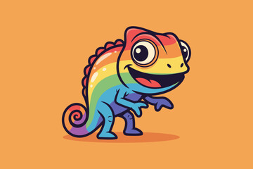 Obraz premium Cute Rainbow Chameleon Cartoon Character Smiling Happily.