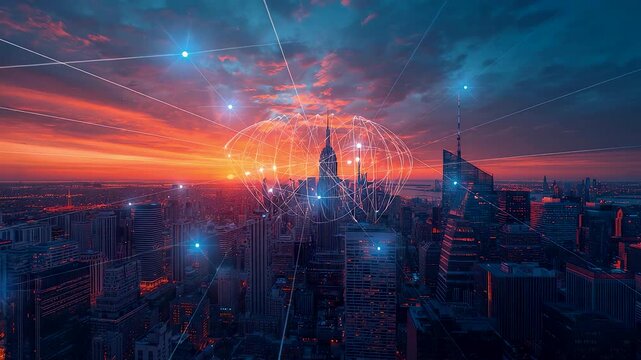 New York City Skyline at Sunset with Digital Network Connections and Glowing Data Overlay - Powered by Adobe