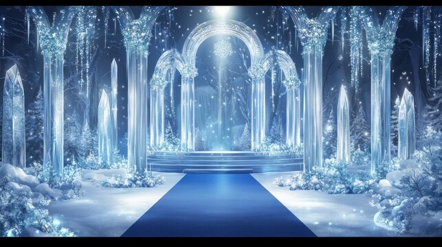 Snowy ice palace interior with columns, arch and path for fantasy backdrop