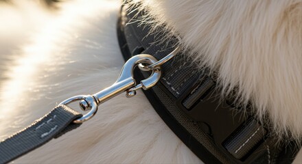 close up of dog collar with leash attachment in outdoor setting under sunlight