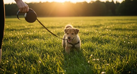 puppy on leash exploring grassy field at sunset with person in background