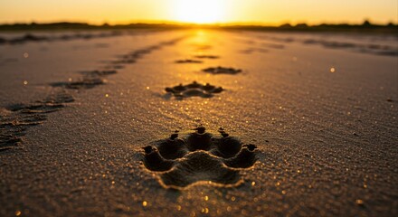 paw prints on sandy beach at sunrise symbolizing exploration and serenity in nature