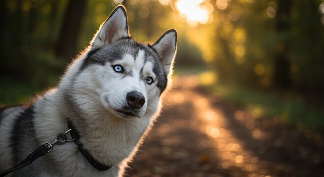 siberian husky on leash exploring sunlit forest path during golden hour - Powered by Adobe