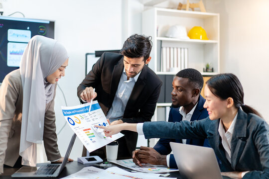 businessman colleague discuss explain budget performance planning, sharing idea for cost reduction, business black people man diverse employee coworker in formal suit meeting in finance office - Powered by Adobe