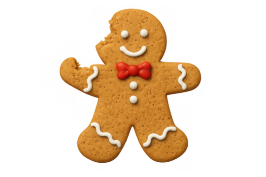 Gingerbread man cookie with a bite taken from head, traditional christmas holiday treat food, transparent background