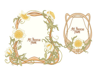 Set of art nouveau frames with floral ornaments, elegant botanical motifs and vintage decorative elements. Perfect for invitations, wedding cards, Victorian borders. Vector illustration, hand drawn.