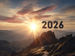 Sunrise over mountains with the year 2026