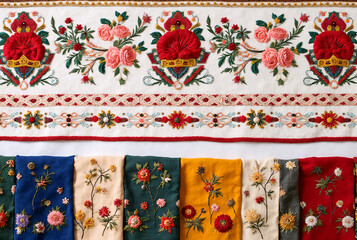 Traditional floral embroidery textile with colorful thread patterns