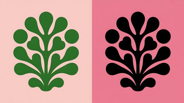 Symmetric abstract floral pattern illustration showcasing contrasting green and black designs set on pink backgrounds - Powered by Adobe