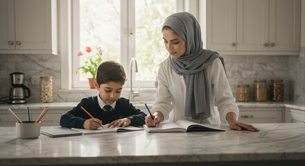mother guiding young boy with homework in a cozy kitchen with natural light and marble counter