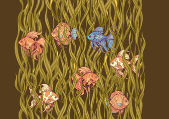Seamless aquarium pattern with ornamental fish swimming among wavy green seaweed. Vector decorative design for textile and wallpaper, repeating tileable background tropical fish, detailed foliage