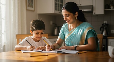smiling mother assisting young son with homework at kitchen table in warm morning light