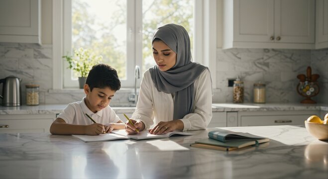 mother helps young son with homework at kitchen table on a sunny day