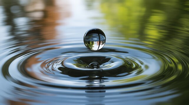 The elegant moment of a water drop creating ripples on the water surface and its beautiful reflection.