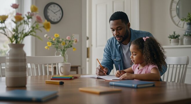 father helping young daughter with homework at kitchen table on a calm afternoon
