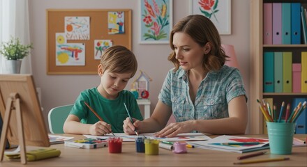 mother and son engaged in creative painting activity at home with vibrant artworks