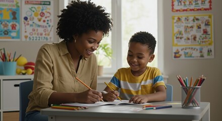 smiling african american woman teaching young boy writing skills in classroom setting