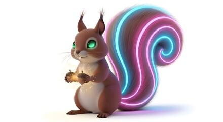Neon Squirrel with Glowing Tail and Nut Illustration.