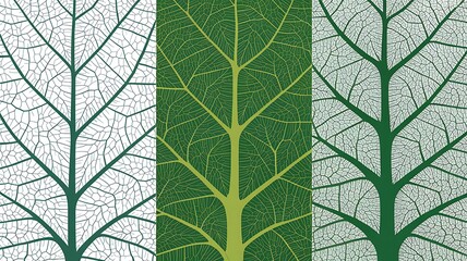 Three detailed leaf vein patterns in green showing the delicate structure of botanical anatomy and leaf texture