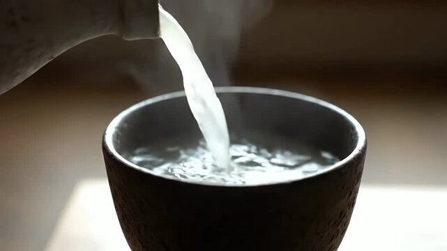 Pouring Hot Sake into Traditional Japanese Ceramic Cup with Steam