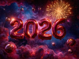 Cosmic celebration with balloons and fireworks for 2026