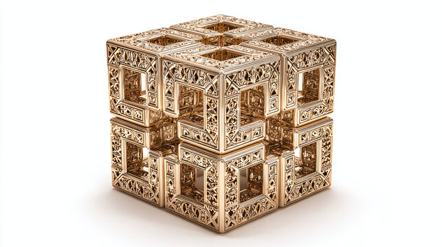 A mesmerizing, ornate golden cube, intricately designed, showcasing architectural and geometric precision