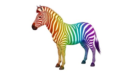 Rainbow Striped Zebra Standing on White Background.