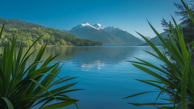 Tranquil scenic vista of a serene lake framed by lush greenery with majestic snow capped mountains in the distance. - Powered by Adobe