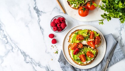 Healthy breakfast toast with avocado, feta, and tomatoes