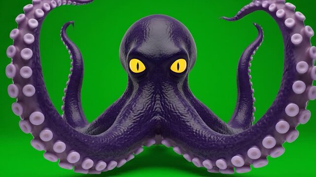 A vibrant, 3D-rendered octopus with vivid purple skin and large yellow eyes, green backdrop