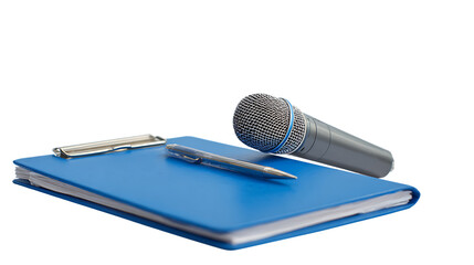 Microphone, pen, and blue clipboard isolated on transparent background.