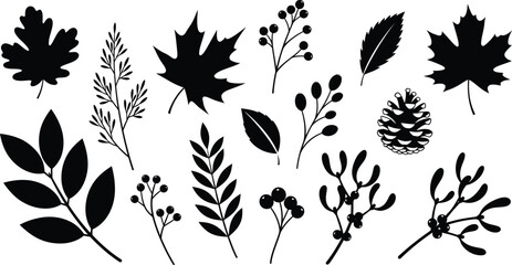 Collection of black silhouette autumn leaves, branches, berries, and a pine cone, representing natural elements.