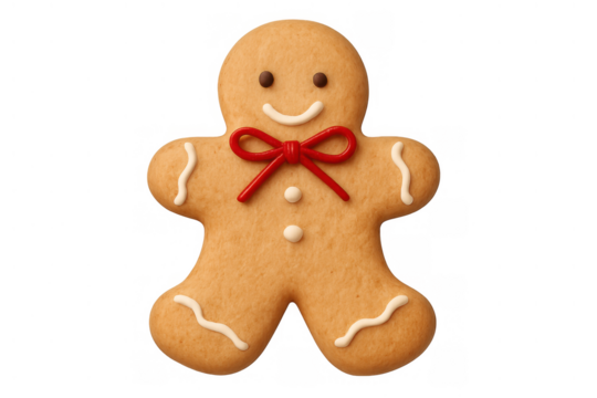 Gingerbread man cookie with red bow tie and icing details, holiday dessert, christmas sweet food, transparent background - Powered by Adobe