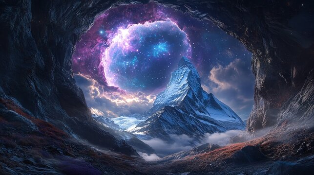 Snowy mountain peak rises majestically beneath a vibrant galaxy portal from inside a dark rocky cave entrance.