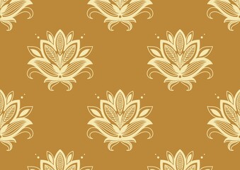 Seamless pattern with abstract floral ornament in gold color on mustard
