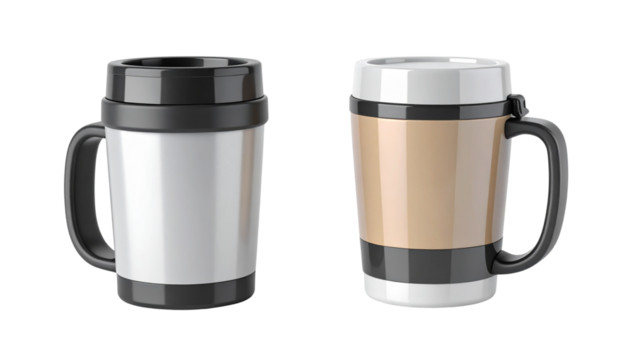 White Travel Mug Pair with Black Handle, isolated on transparent background