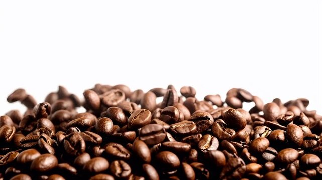 A closeup view of a pile of roasted coffee beans. The beans are a rich brown color, with a glossy sheen, and are densely packed together. The texture of the beans is visible.