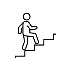Black outline icon of a person walking up stairs on a white background climbing