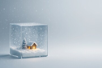 Transparent glass cube with tiny house inside on white background symbolizing stability clarity and warmth perfect for holiday branding and real estate visuals