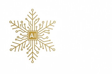 Golden AI microchip in the shape of a snowflake on a white background with clean space for text, futuristic technology and innovation winter concept for business and marketing