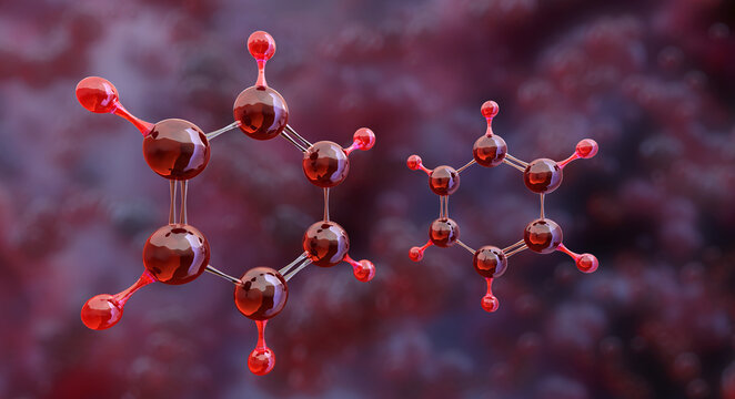 Benzene molecular structure. Hexagonal hydrocarbon ring structure, C6H6 chemical formula. Organic chemistry science, aromatic compound. 3D illustration for scientific, educational, industrial purposes