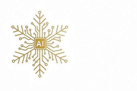 Golden AI microchip in the shape of a snowflake on a white background with clean space for text, futuristic technology and innovation winter concept for business and marketing